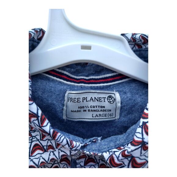 Boys Free Planet Shark Print Button Down Shirt Sz 6 White Palm Tree Short Sleeve - Picture 2 of 11